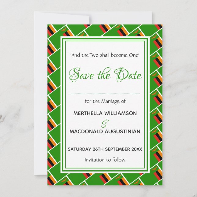 ZAMBIA FLAG Customized Scripture Stylish Zambian Save The Date (Front)