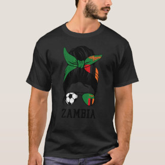 Zambian Soccer Girl Mom Messy Bun Zambia Flag Foot T-Shirt