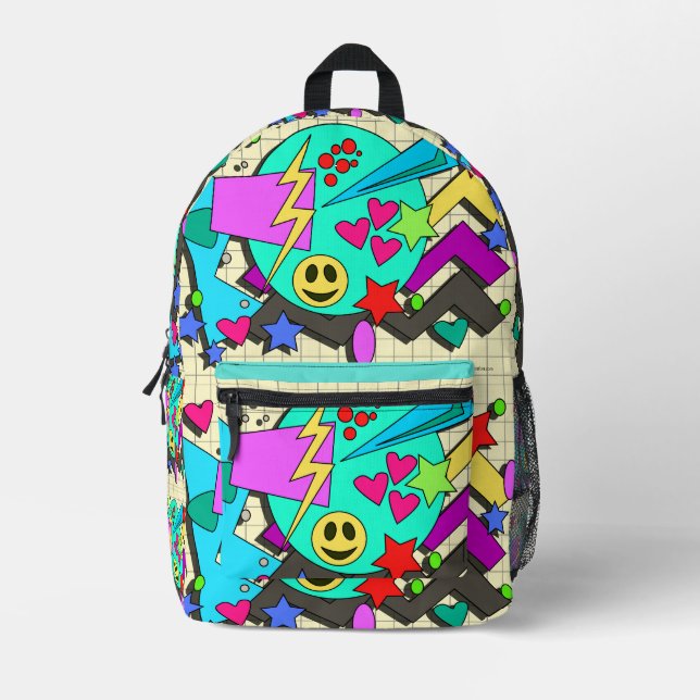Zany Happy Vibes Flashback Cartoon Pattern Printed Backpack (Front)