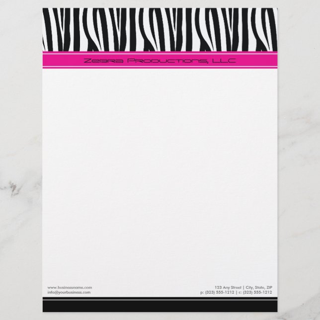 Zany Zebra Hot Pink Customized Designer Letterhead (Front)