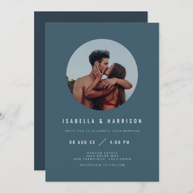 ZARA Modern Boho Slate Blue Photo Wedding Invitation (Front/Back)