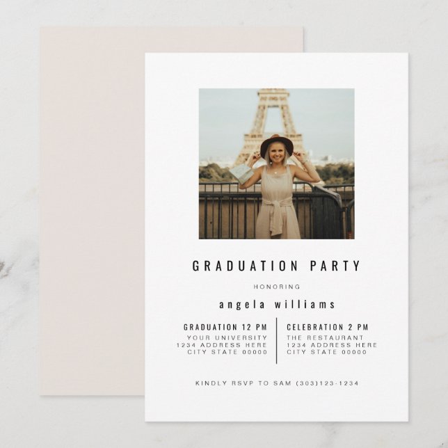 ZARA Modern Minimalist Photo Graduation & Party Invitation (Front/Back)