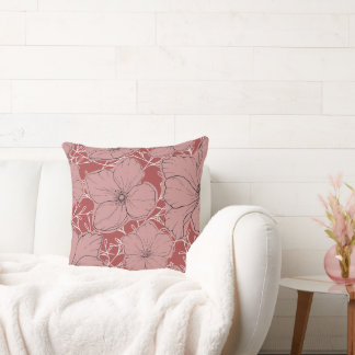 Zarte Blossoms - LineArt Design - Rosa/Red Throw Pillow