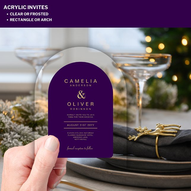 Zazzle Acrylic Wedding Deep Purple Gold Text Arch Acrylic Invitations (Creator Uploaded)