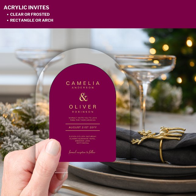 Zazzle Acrylic Wedding Magenta Pink Gold Text Acrylic Invitations (Creator Uploaded)