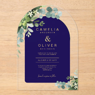 Zazzle Acrylic Wedding Navy Eucalyptus Gold Text Acrylic Invitations