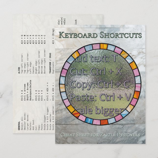 Zazzle Designer Keyboard Shortcuts Reference Card (Front/Back)