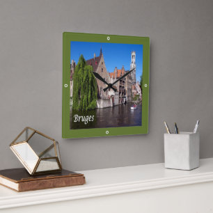 zBE052 BRUGES canal, Belgium, Square Wall Clock