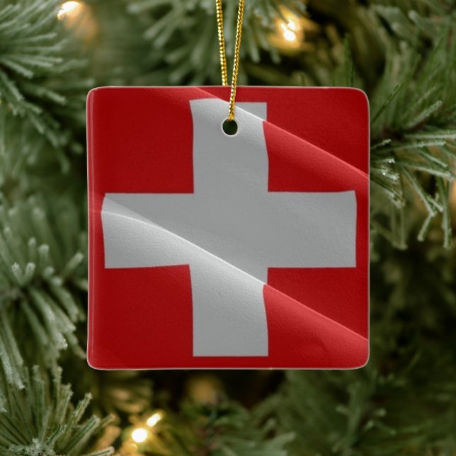 zCH002 waving FLAG SWISS, Ceramic Ornament (Tree)