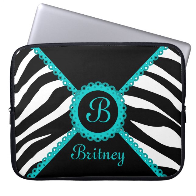 Zebra and Aqua Lace Monogram Laptop Sleeve (Front)