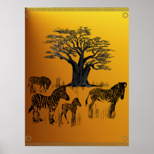 Zebra and Baobab Tree Poster
