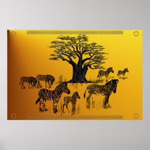 Zebra and Baobab Tree Poster