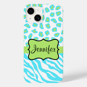 Zebra and Cheetah Skin Turquoise Blue Green Name   Case-Mate iPhone 14 Case