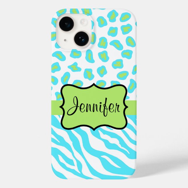 Zebra and Cheetah Skin Turquoise Blue Green Name   Case-Mate iPhone Case (Back)