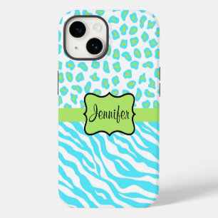 Zebra and Cheetah Skin Turquoise Blue Green Name iPhone 14 Case