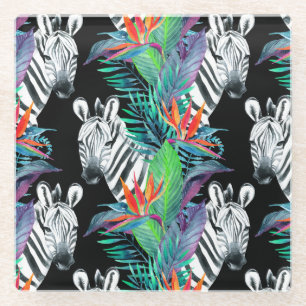 Zebra And Exotic Flowers Pattern 2 Glass Coaster