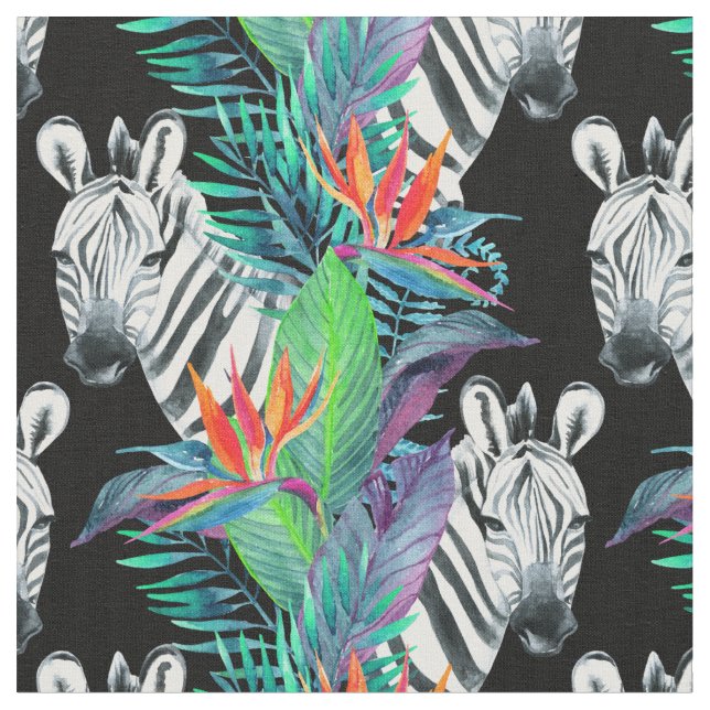 Zebra And Exotic Flowers Pattern Fabric (Close Up)