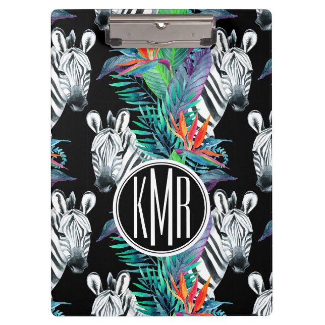Zebra And Exotic Flowers Pattern | Monogram Clipboard (Front)
