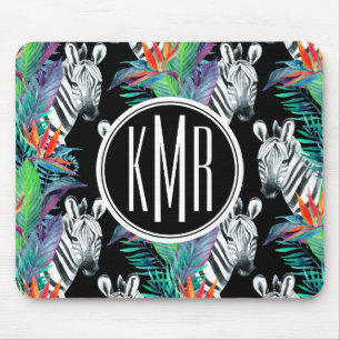 Zebra And Exotic Flowers Pattern Monogram Mouse Pad