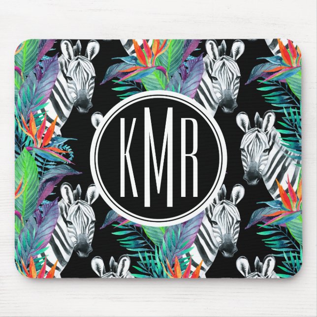 Zebra And Exotic Flowers Pattern | Monogram Mouse Pad (Front)