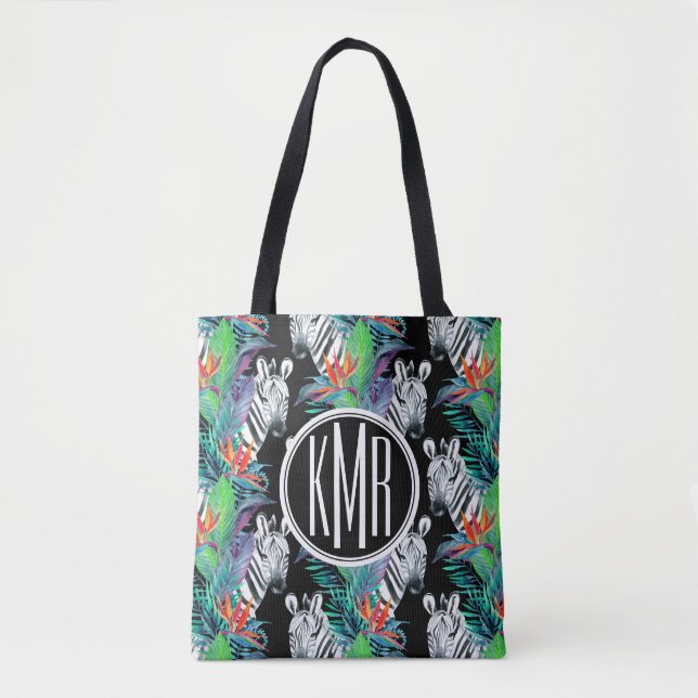 Zebra And Exotic Flowers Pattern | Monogram Tote Bag (Front)