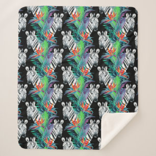 Zebra And Exotic Flowers Pattern Sherpa Blanket