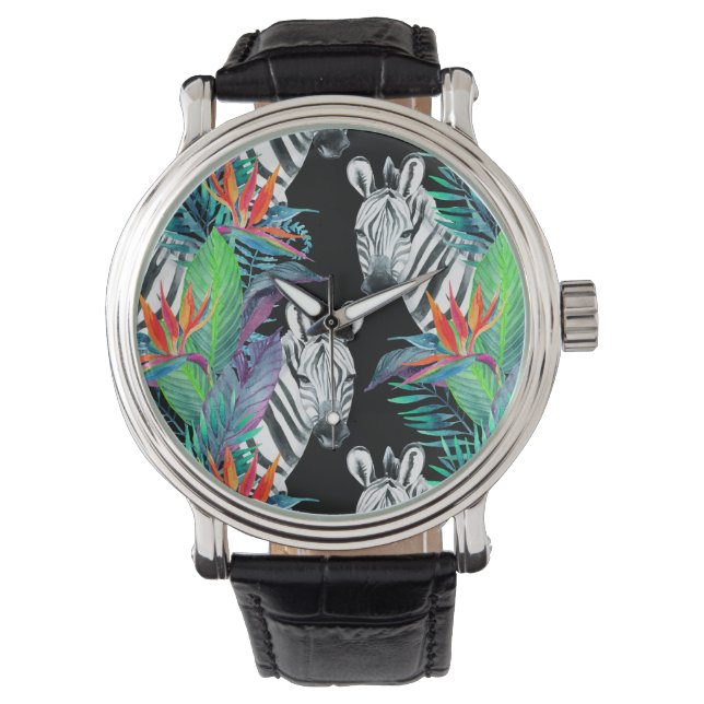 Zebra And Exotic Flowers Pattern Watch (Front)