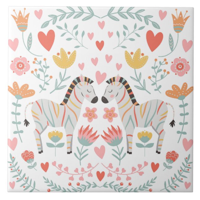 Zebra and Flowers Colourful Scandinavian Folk Art  Tile (Front)