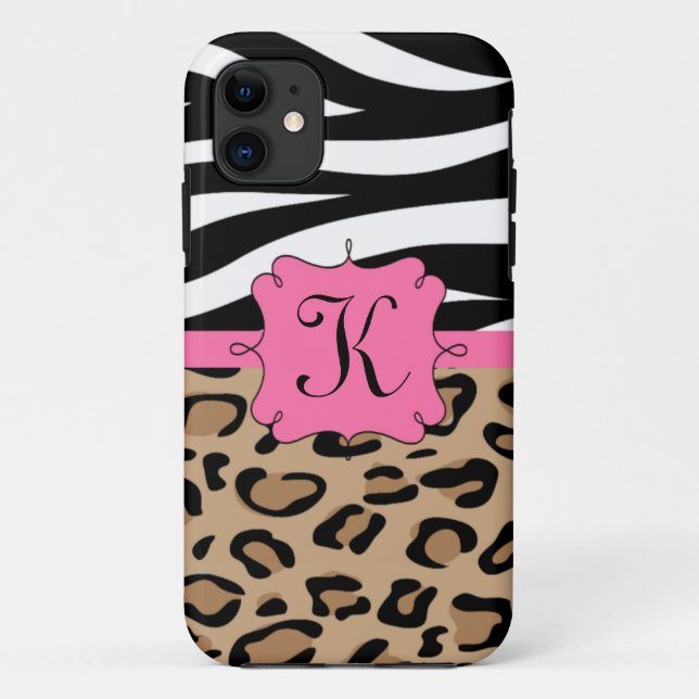 Zebra and Leopard Print Personalized Monogram Case-Mate iPhone Case (Back)