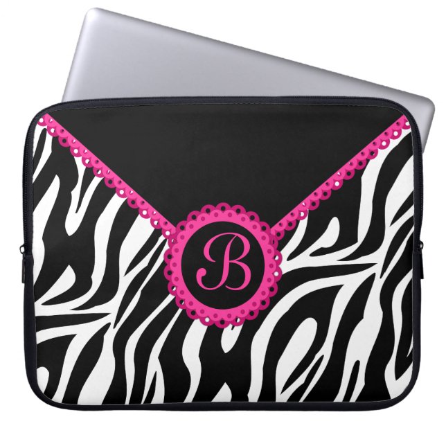 Zebra and Pink Lace Monogram Laptop Sleeve (Front)