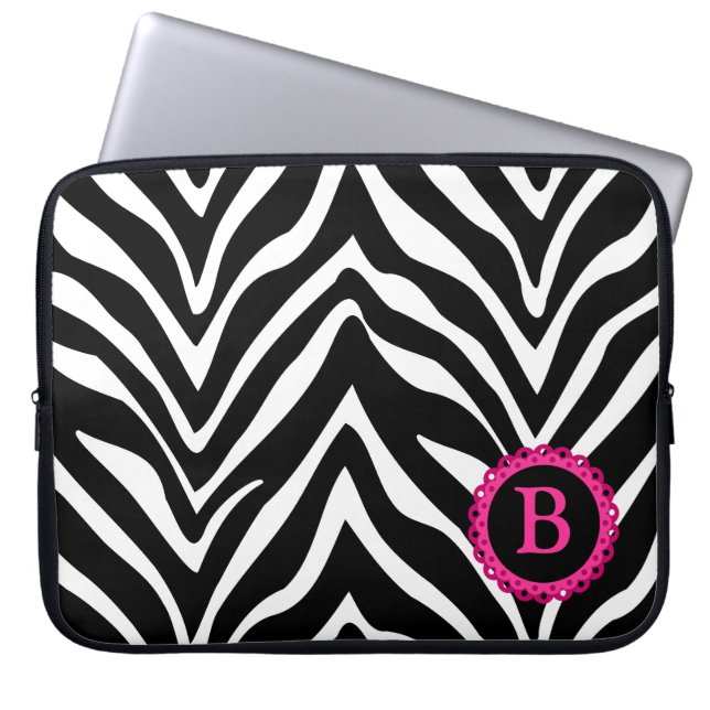 Zebra and Pink Lace Monogram Laptop Sleeve (Front)