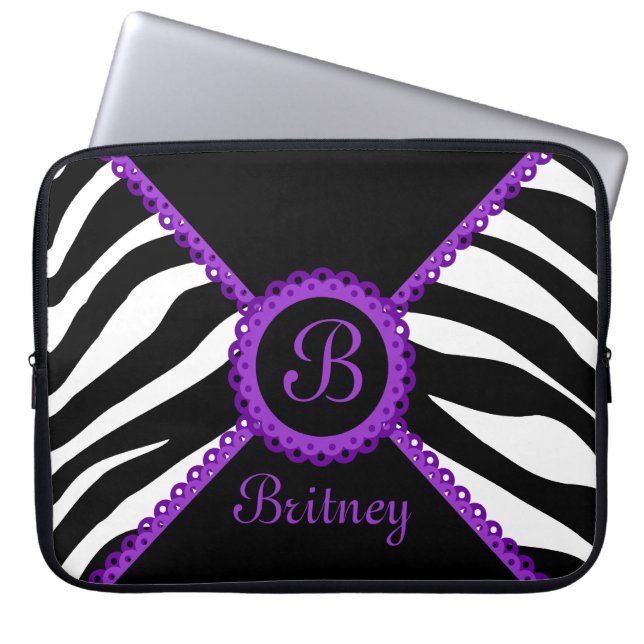 Zebra and Purple Lace Monogram Laptop Sleeve (Front)