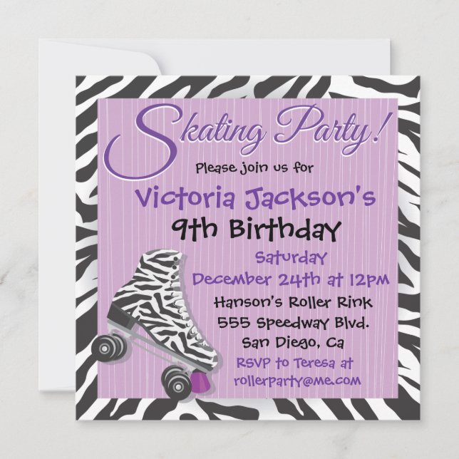 Zebra and Purple Roller Skating Party Invitations (Front)