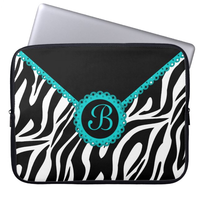 Zebra and Turquoise Lace Monogram Laptop Sleeve (Front)