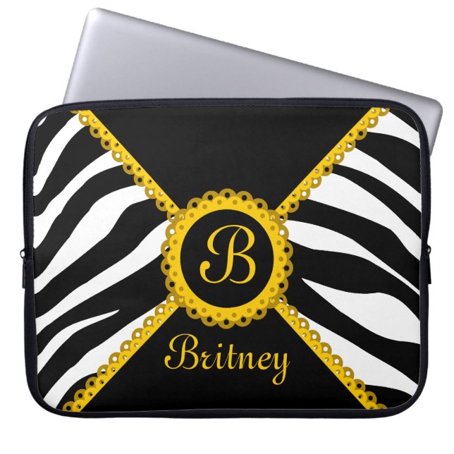 Zebra and Yellow Lace Monogram Laptop Sleeve (Front)