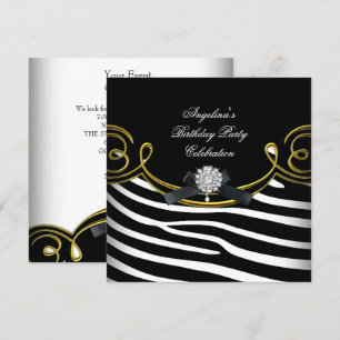 Zebra Animal Black White Gold Birthday Party Invitation