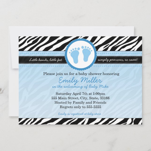 Zebra Baby Boy Shower Invitation Blue (Front)
