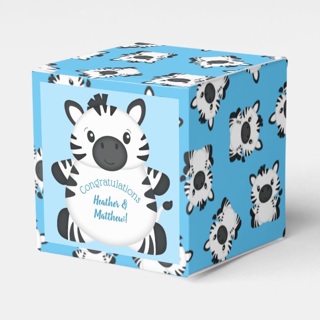 Zebra Baby Shower Safari Blue Boy Favor Box (Front Side)