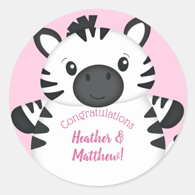 Zebra Baby Shower Safari Pink Girl Classic Round Sticker (Front)