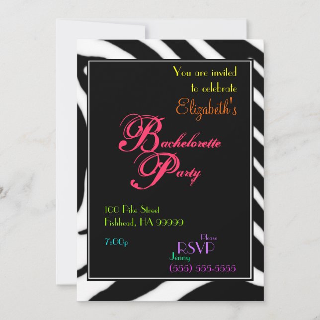 Zebra Bachelorette Party Colours Invitation (Front)