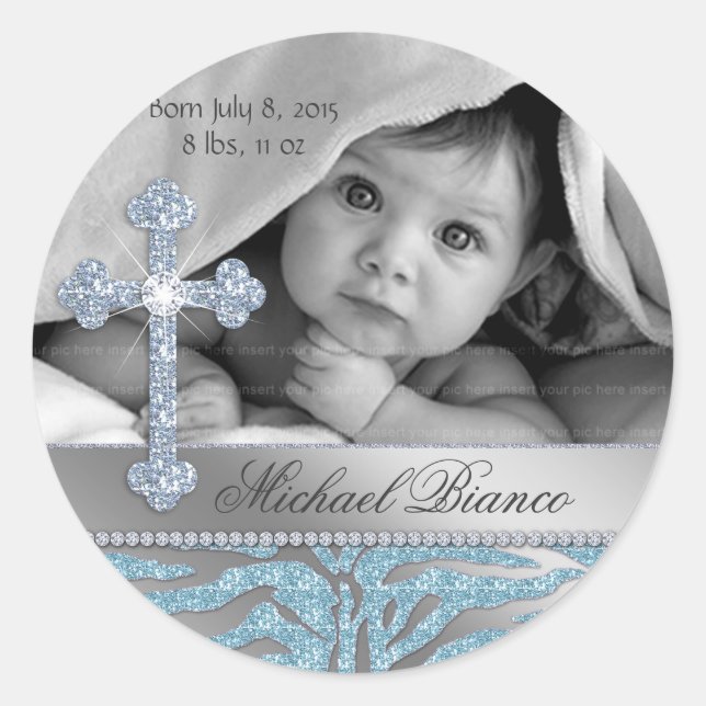 Zebra Baptism Christian Baby Shower Boy Classic Round Sticker (Front)