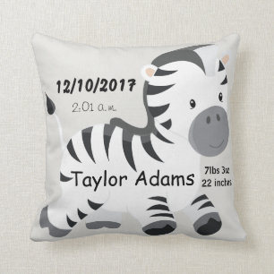 Zebra Birth Stats Baby Nursery Throw Pillow