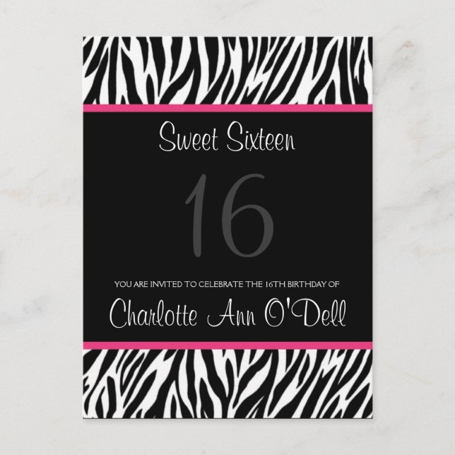 zebra; birthday invitation postcard (Front)