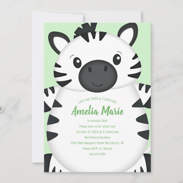 Zebra Birthday Party Green Invitation (Front)