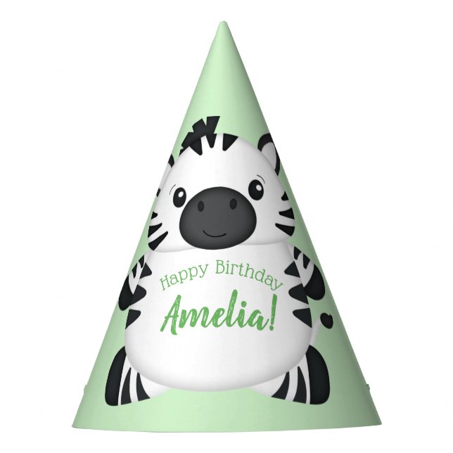 Zebra Birthday Party Green Party Hat (Front)
