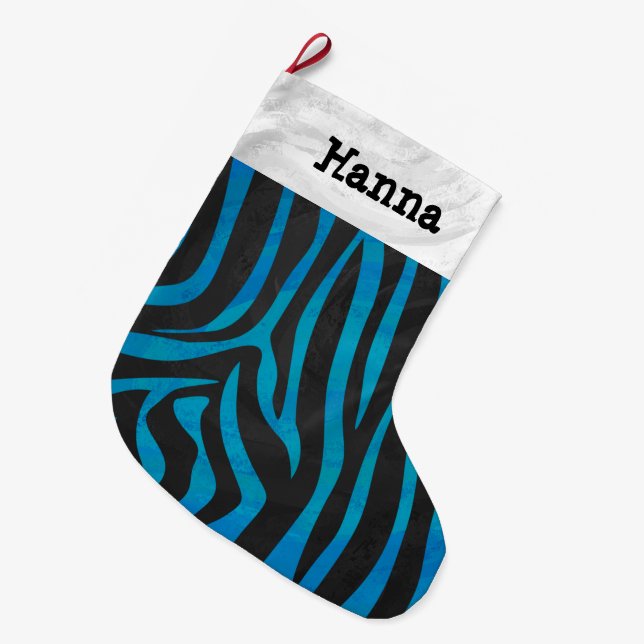 Zebra Black and Blue Print Large Christmas Stocking (Front (Hanging))