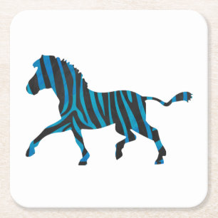 Zebra Black and Blue Silhouette Square Paper Coaster