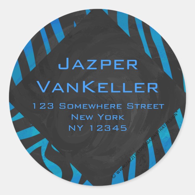Zebra Black and Blue with Monogram Classic Round Sticker (Front)