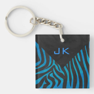 Zebra Black and Blue with Monogram Keychain