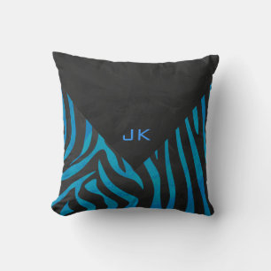 Zebra Black and Blue with Monogram Throw Pillow